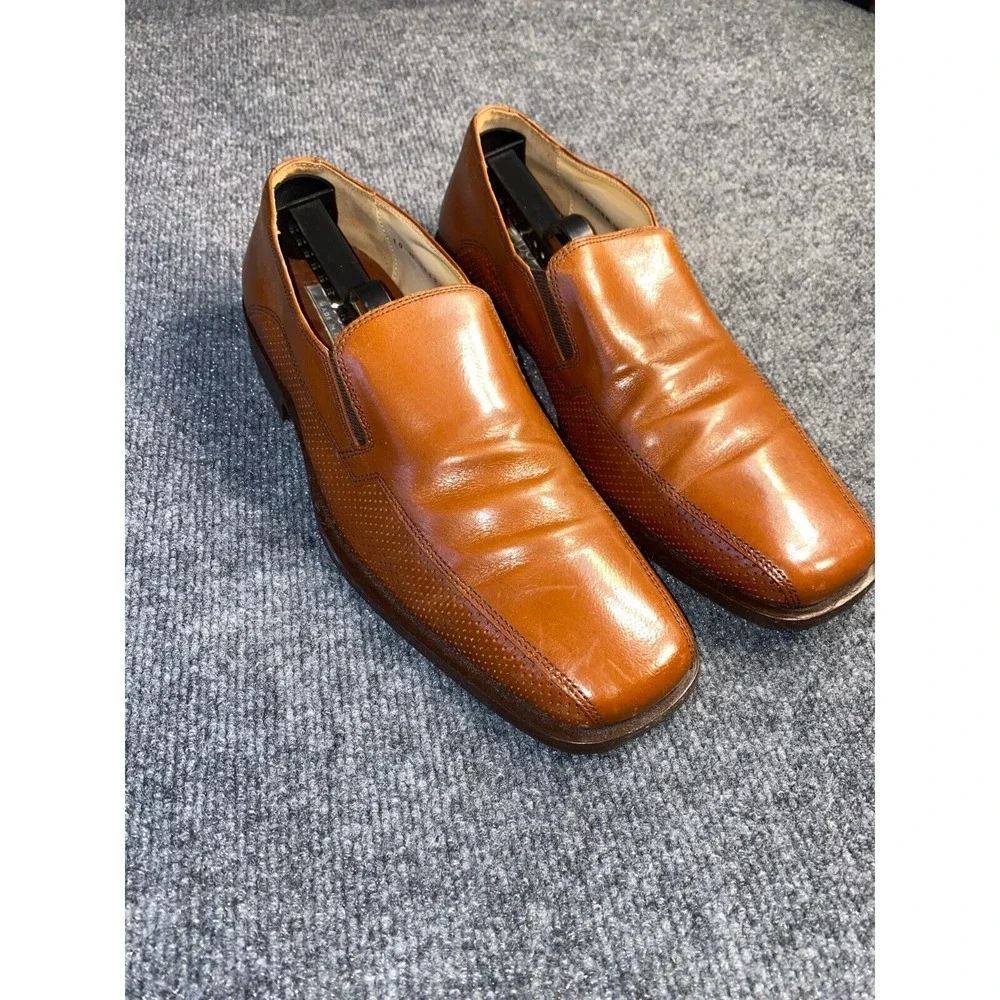 Adolfo Casual Loafer Shoes Men's 10M Brown Perforated Leather Square Toe Slip On